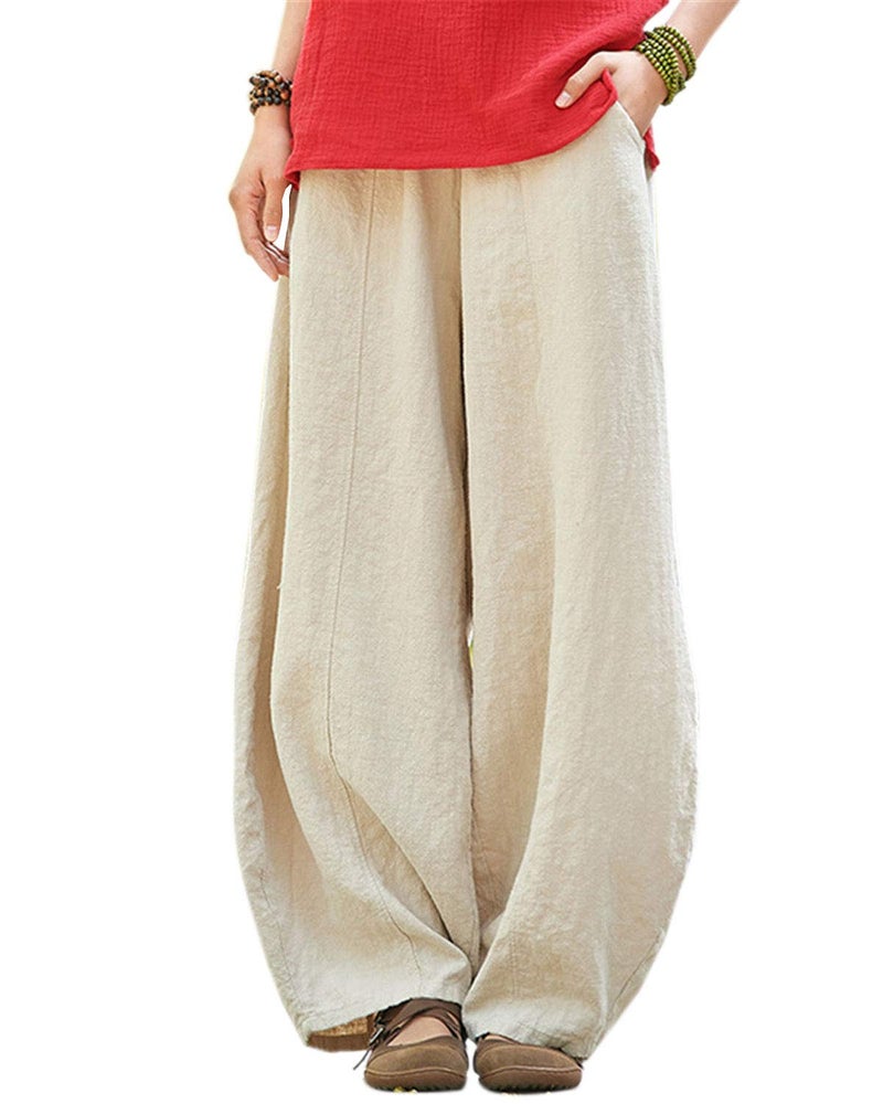 IXIMO Women's Casual Cotton Linen Baggy Pants with Elastic Waist Relax Fit Lantern Trousers Beige XXL - Image 1